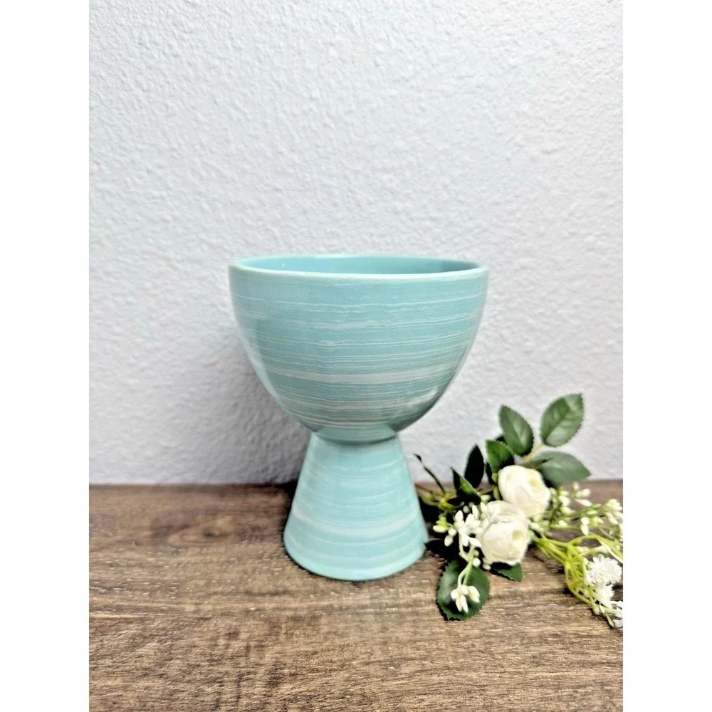 Vintage McCoy Aqua Pedestal Planter Turquoise Pottery‎ Compote MCM